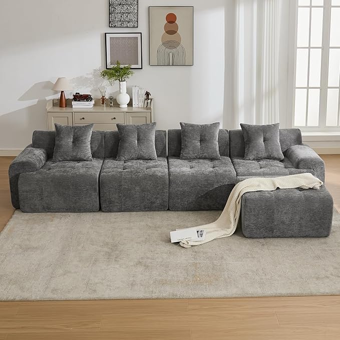 101.65” Modular Sectional Couch for Living Room, 3-Seater Cloud Sofa with Deep Seat, Woven Texture Upholstery Boneless Couch, No Assembly, Grey