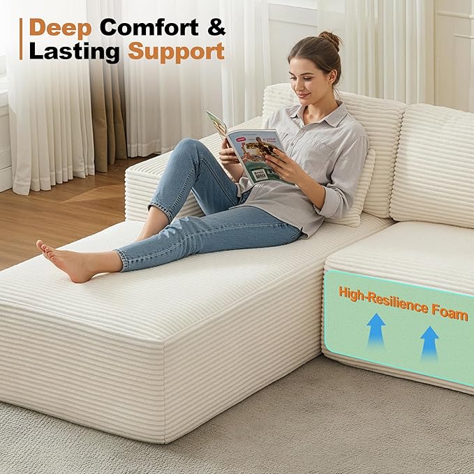 Modular Sectional Cloud Couch for Living Room,Modern Boneless Couche Set with Plush Corduroy,Comfy Floor Sofa with Memory Foam,Stupendous U Shaped Sofa with Chaise,No Assembly Required,Beige