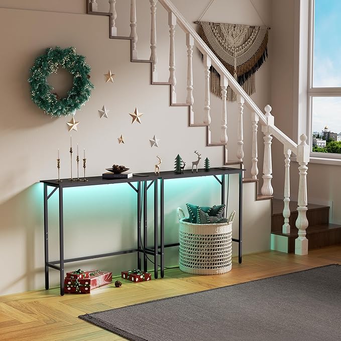 Narrow Console Table with Led Light and Charging Station，29.5" Small Entryway Table，Display Table，Entryway Hallway Thin Sofa Table Behind Sofa, Small Spaces, Living Room, Black