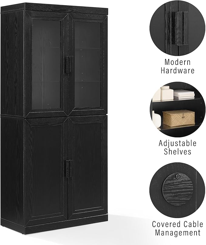 Crosley Furniture Essen Glass Door China Hutch Kitchen Pantry Storage Cabinet with Doors and Shelves, Black