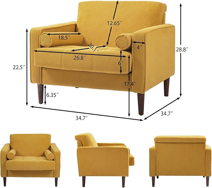 Oversized Accent Chair Set of 2, Corduroy Fabric Mid Century Modern Armchair with Large Seat for Living Room Bedroom Reading