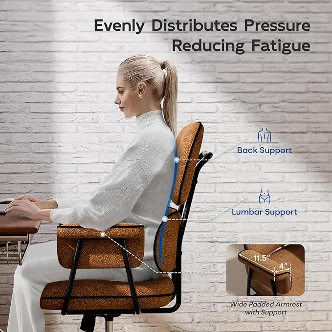 Fabric Office Chair with Granular Linen, Mid Back Vintage Desk Chair with Wheels and Wide Arms, Mid Century Modern Home Office Desk Chairs with Molded Cotton Seat Cushion, Adjustable Height, Brown
