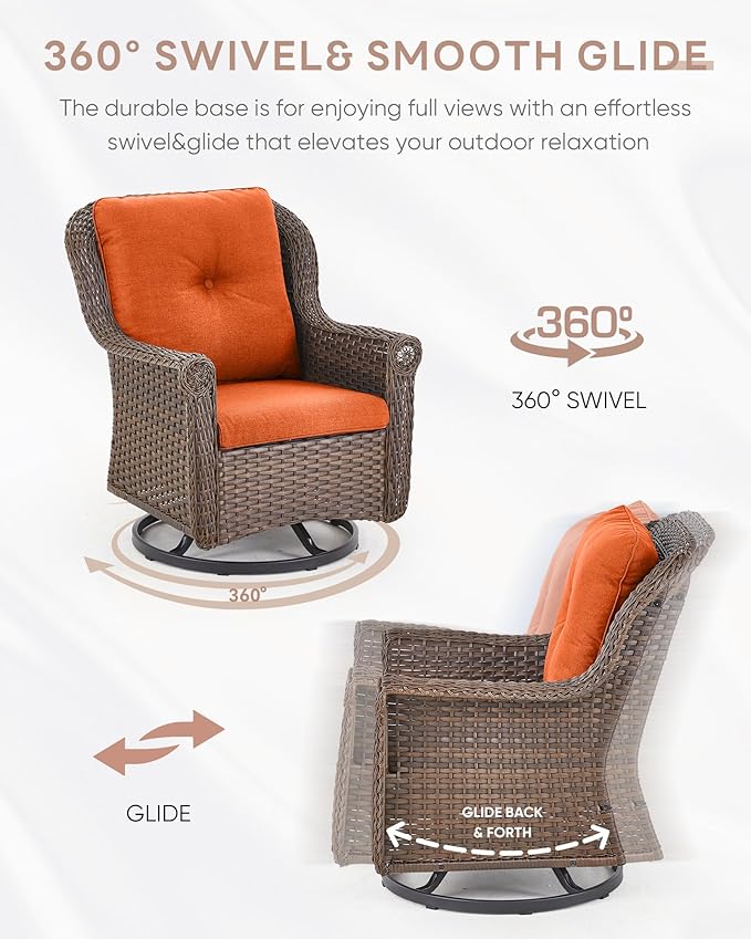 3 Piece Patio Swivel Chairs and Side Table Set - High Back Outdoor Brown Wicker Rattan Rocking Glider with Thick Cushions for Porch Apartment Deck Yard Poolside Garden - Orange
