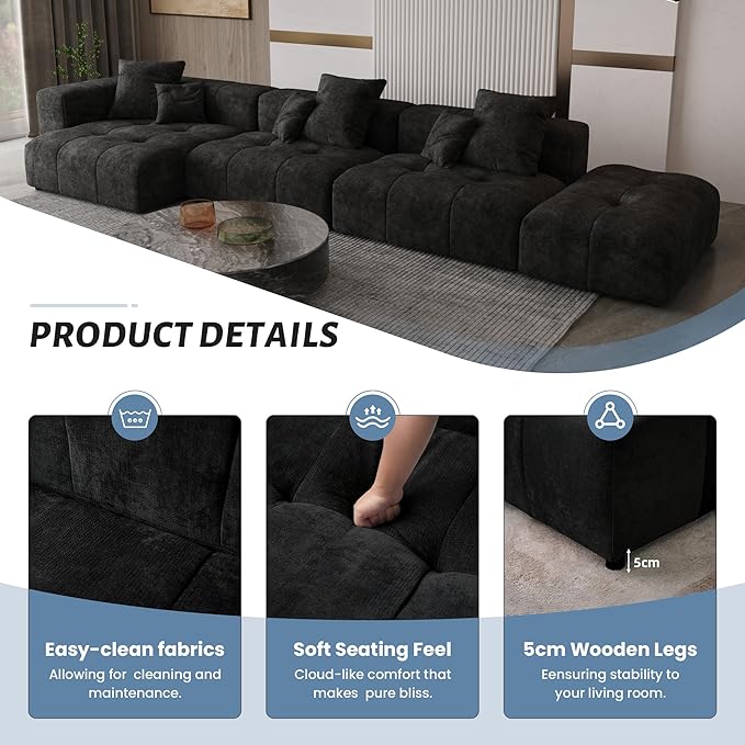 WJShome 183" Oversized Modular Sectional Sofa, U Shaped Couch with Ottoman,Sectional Couches for Living Room,Large Linen Deep Seat with Pillow Couches for Home,Spacious Space,Black