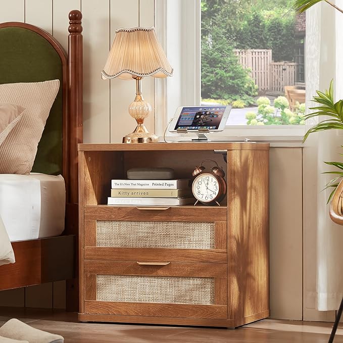 LEYAOYAO Rattan Night Stand with Charger Station, 23" Wide Boho Nightstand with 2 Drawers, Natural Wood Bedside Table Open Storage Cabinet, Bed Side End Tables Dresser for Bedroom, Living Room Hallway