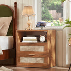 LEYAOYAO Rattan Night Stand with Charger Station, 23" Wide Boho Nightstand with 2 Drawers, Natural Wood Bedside Table Open Storage Cabinet, Bed Side End Tables Dresser for Bedroom, Living Room Hallway