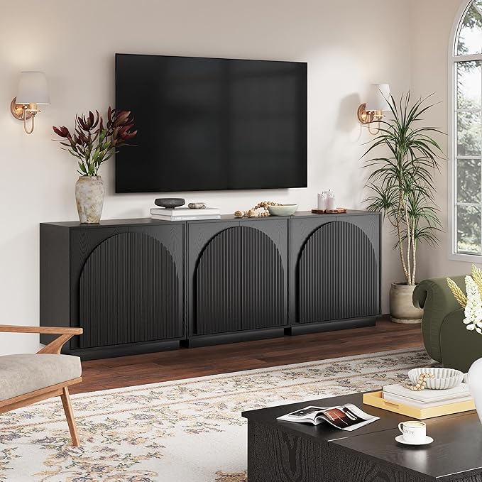 win2win Fluted Sideboard Buffet Cabinet with Storage, 31.5" Modern Accent Cabinet with Double-Layered Arch Doors, Small Wood Console Credenza for Living Room, Dining Room, Entryway, Hallway, Black