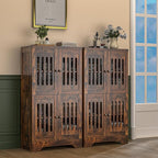 PARTPHONER Bathroom Floor Storage Cabinet with Cabinet Lights, Modern Storage Cabinet with 4 Doors and Adjustable Shelves, Buffer Hinges, Brown Pantry Cabinet for Living Room & Kitchen