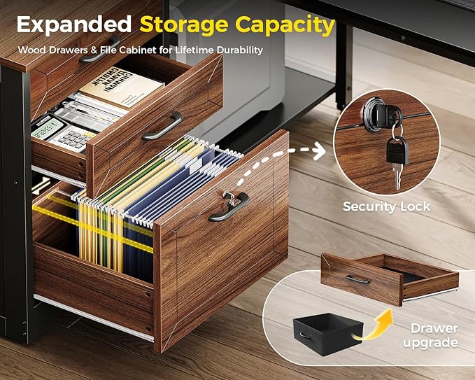 AODK L Shaped Desk with Wood Drawers & Lockable File Cabinet, 61-inch L Shaped Office Desk with Power Outlet & CPU Stand, Reversible Corner Computer Desk with Storage, for Home Office, Walnut