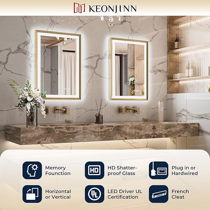Keonjinn Gold LED Bathroom Mirror 24 x 36 Inch with Frontlit & Backlit, Lighted Mirrors Metal Framed for Wall, Stepless 3 Colors Lights, Anti Fog, Tempered Glass, Brighter and No Dark Corner
