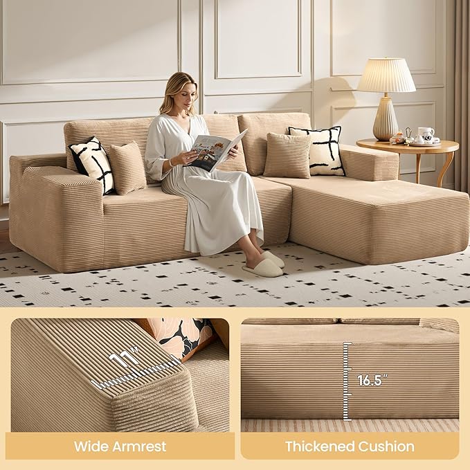 104" Cloud Sectional Couch with Chaise, Boneless L-Shaped Cloud Couch with Deep Seat, Corduroy Modern Minimalist Sofa, Assembly Free Comfy Sofa for Office Living Room Apartment(Camel, Right Chaise)