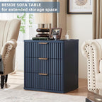 LEYAOYAO Fluted Nightstand with Charging Station, 23" Modern Night Stand with Woodgrain Top, 3 Drawers End Table w/Storage, Bedside Tables for Bedroom, Living Room, Curved Profile Design, Blue