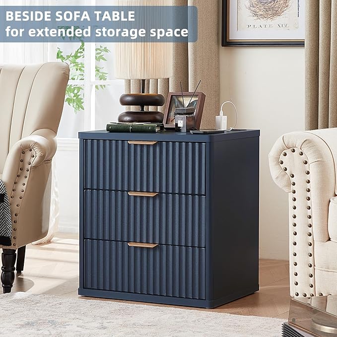 LEYAOYAO Fluted Farmhouse Nightstand Set of 2 with Charging Station, 23" Wide 2 & 3 Drawers Large End Table with Metal Handle, Navy Blue Night Stand Bedside Table, Wood Dresser for Bedroom,Closet