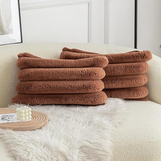 Neelvin Brown Faux Fur Cozy Soft Stripe Decorative Throw Pillow Covers 12x20 inch Set of 2,Velvet Pillowcase Cushion Case for Sofa Couch