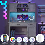 Farmhouse 47" Executive Desk with Hutch, 2 Drawers and LED Light, Computer Desk with Storage Cabinet and Charging Station,Workstation for Home Office and Study.Grey