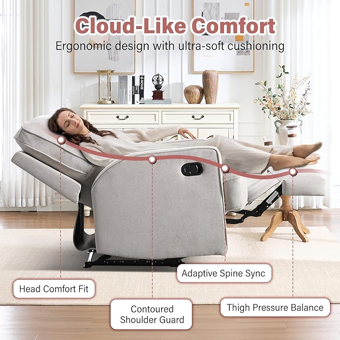 INZOY Manual Recliner with Thicker Backrest, Soft Fabric Manual Recliner with Overstuffed Cushion, Heavy Duty Reclining Sofa for Living Room Bedroom Apartment, Beige