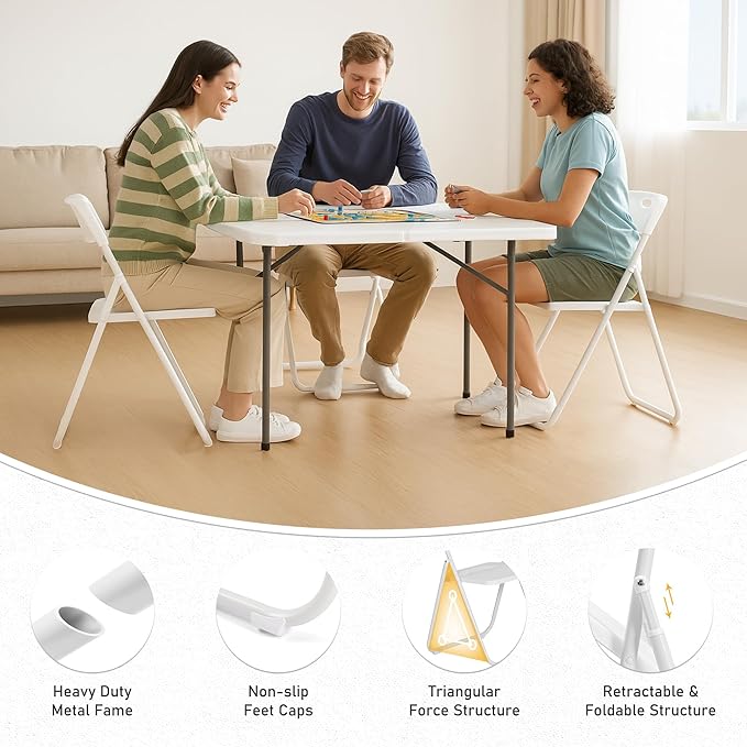 50 Pack White Plastic Folding Chairs, Indoor Outdoor Portable Stackable Commercial Seats with Steel Frame for Home Office Wedding Party Events Kitchen Dining, 350lb Capacity