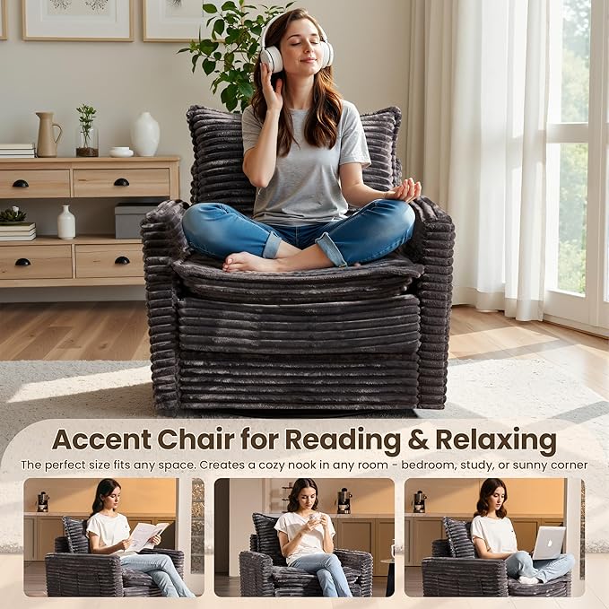 98" Modular Sectional Sofa Set with Swivel Chair, Modern Cloud Couch Plush Corduroy 3 Seater Deep Seat Sofas with Accent Armchair for Living Room Small Space, Gray