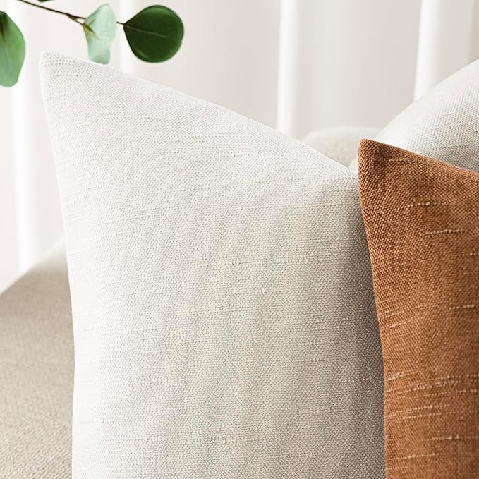 Foindtower Pack of 2 Soft Textured Chenille Throw Decorative Pillow Covers Square Accent Solid Cushion Cover Cozy Neutral Farmhouse Pillow Case for Couch Bedroom Living Room 24x24 Inch, Ivory White