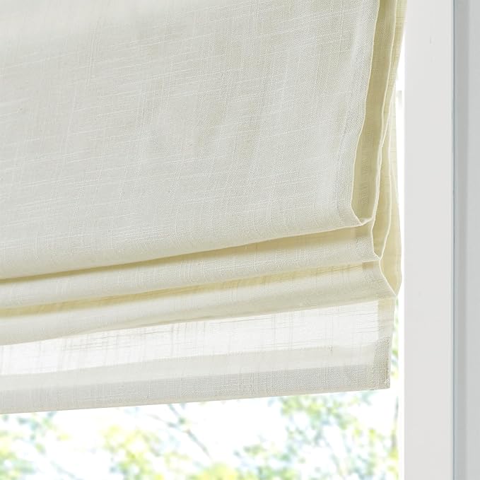 Madison Park Kyler Cordless Roman Shades - Single Panel, Lightweight Linen Blend Fabric, Natural Design, Easy Installation, Light Filtering Window Blind, Bedroom, Living Room Decor 35"W x 64"H Ivory