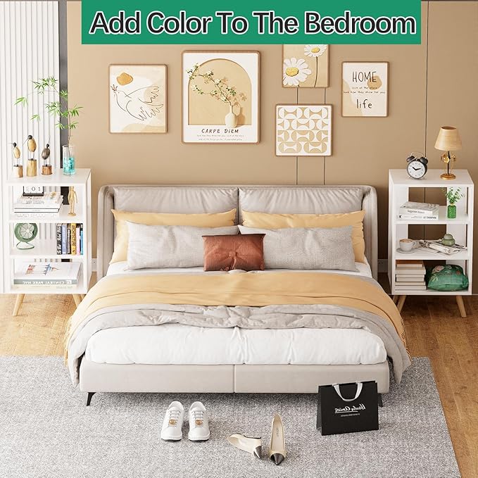 Night Stand, White Kids Nightstand, Modern End Table with Open Storage, 3-Tier Nursery Bedside Table for Small Space, Living Room, Bedroom