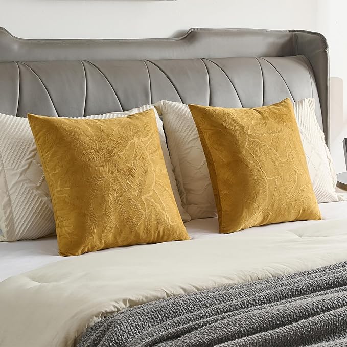 FUTEI Golden Yellow Velvet Throw Pillow Covers 16x16 Inch Set of 2,Soft Embossed Leaf-Relief Textured Cushion Cases,Natural Home Decor for Couch Living Room