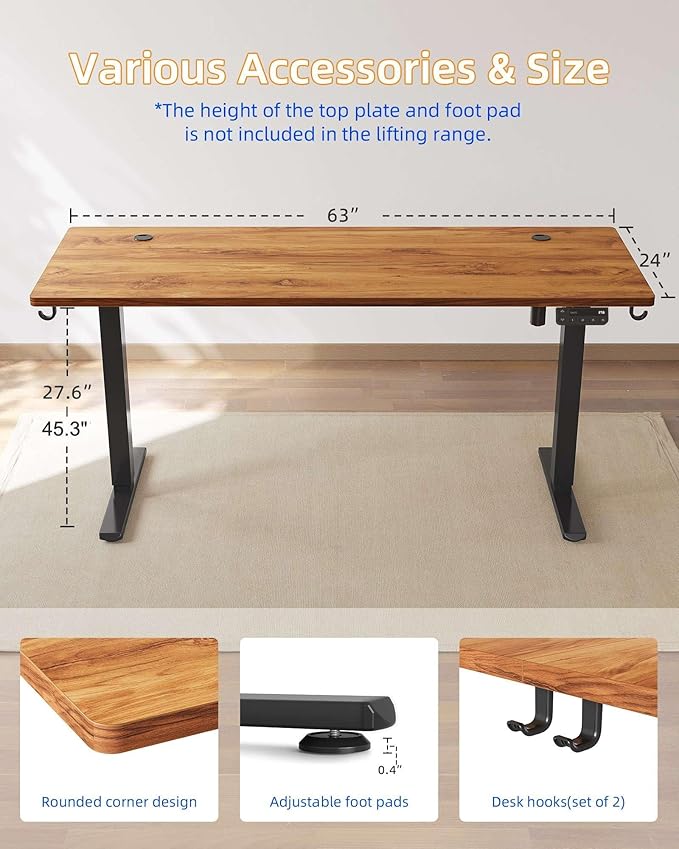 YIHAYO Electric Standing Desk, 63 x 24 Inches Stand Up Desk with Splice Board, Computer Desk for Home Office, Black Frame/Rustic Brown Top
