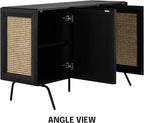 NTC MOSSIC Modern Sideboard with 4 Doors, Natural Rattan Storage Cabinet, Buffet with Metal Legs, Boho Accent Cabinet for Living Room, and Entryway, Effortless Assembly - Burnt Black