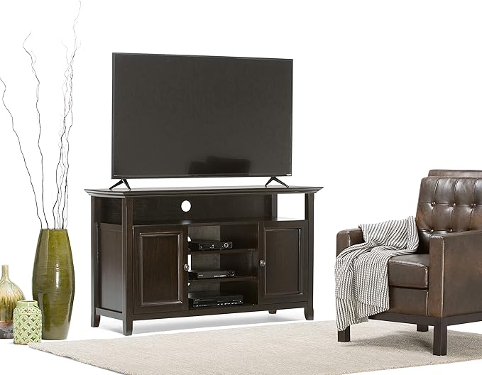 SIMPLIHOME Amherst 54-inch Wide Solid Wood TV Stand in Hickory Brown, Transitional-Style Media Console for Living Room with Adjustable Shelves and Cable Management