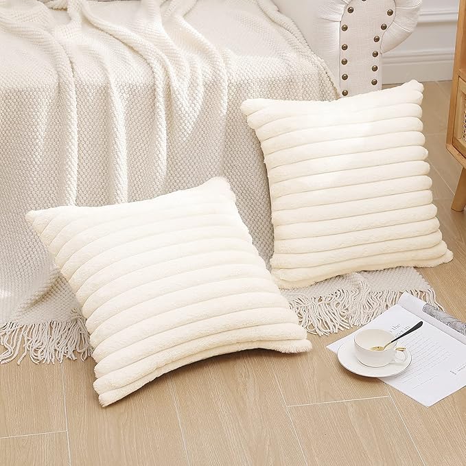 Pallene Faux Fur Plush Christmas Throw Pillow Covers 24x24 Set of 2, Luxury Soft Fluffy Striped Decorative Pillow Covers for Sofa, Couch, Living Room, Cream White