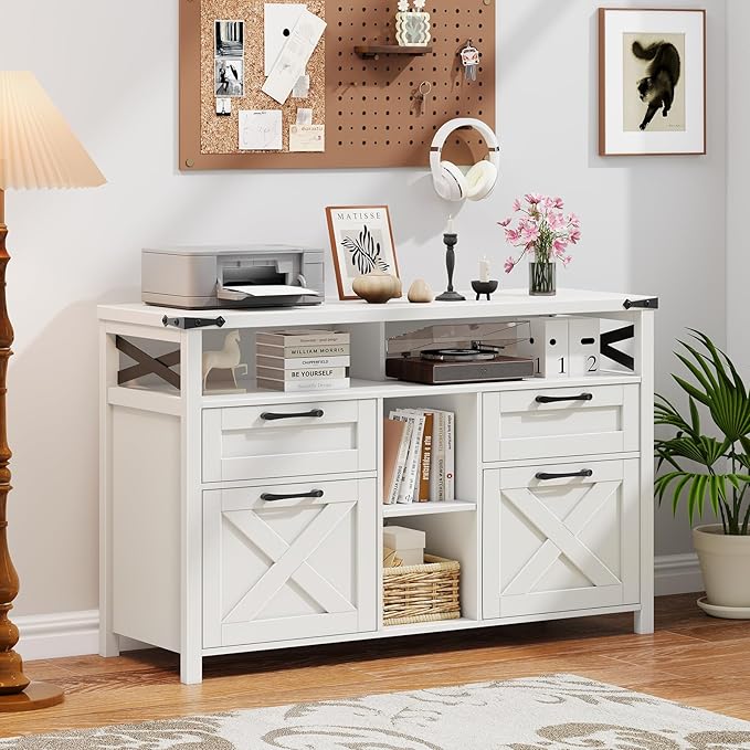 Filing Organization Storage Cabinets 4 Drawer with Adjustable Shelf, Lateral Filing Cabinet with Open Storage Shelf for Home Office, Farmhouse File Cabinets for Hanging Files Letter/A4.(White)