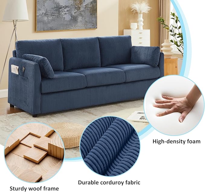 79" L Shaped Couch with Storage Ottoman, 3 Seater Corduroy Sofa with 2 Pillows and Storage Pockets, Small Modern Couches for Living Room, Apartment, Small Spaces, Home Office, Navy Blue