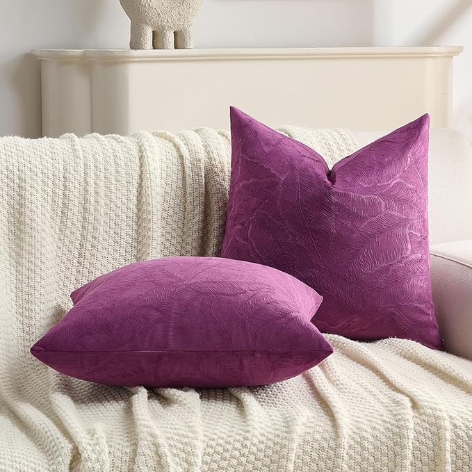 FUTEI Purple Velvet Throw Pillow Covers 20x20 Inch Set of 2,Soft Embossed Leaf-Relief Textured Cushion Cases,Natural Home Decor for Couch Living Room