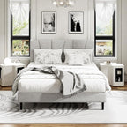 Queen Size Platform Bed Frame with Upholstered Headboard, Wooden Slats Support, Noise Free, No Box Spring Needed, Easy Assembly, Light Grey, Linen