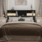 Queen/Full Headboard Only for Bedroom, Stylish Bookcase Headboard with Charging Station & 2 LED Lights, Engineered Wood Queen Size Headboard, Noise-Free HeadBoard with Storage, Black