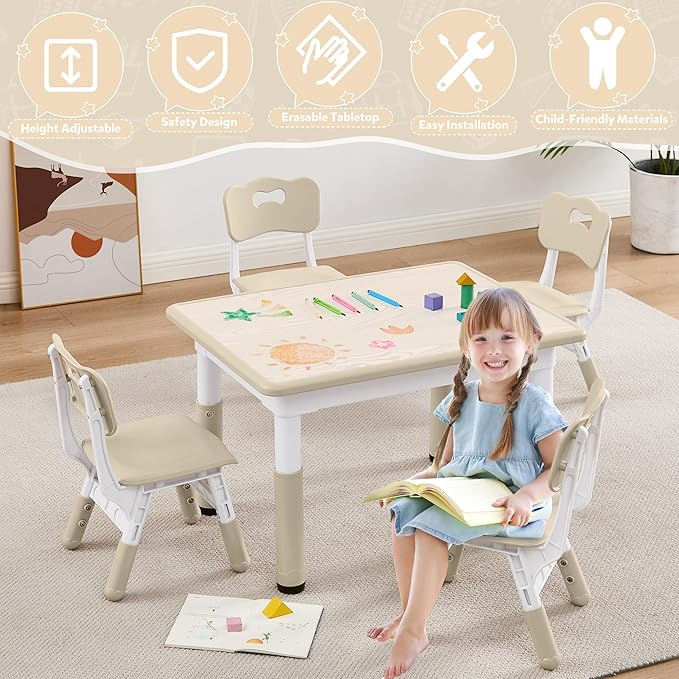Adjustable Kids Table Chairs Set – Graffiti Desktop, Multi-Activity Height-Adjustable Toddler Study Desk for Ages 3-8 – Ideal for Home, Classroom, Daycare (W-Wood, 4 Chairs-31.5" L x 23.6" W)