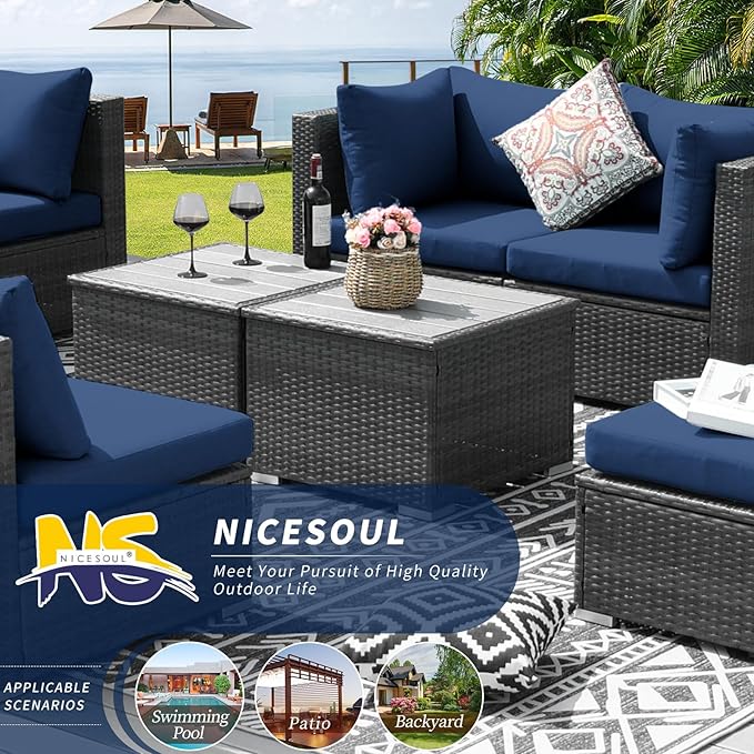 NICESOUL 7 Piece High-End Outdoor Furniture Sofa Set, 29.3'' High Back XL Large Grey Wicker Patio Modular Sectional with Side Tables, All-Weather Couches for Backyard Deck, 2 Color Cushion Navy & Grey