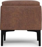 SIMPLIHOME Natasha 18 inch Wide Contemporary Square Mid Century Storage Ottoman with Tray in Distressed Saddle Brown Vegan Faux Leather, Assembled, For the Living Room, Entryway and Family Room
