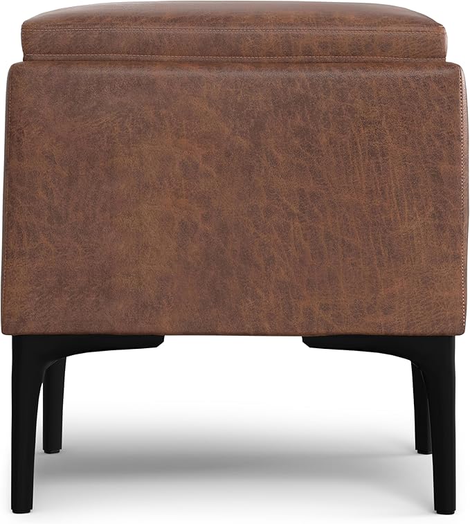 SIMPLIHOME Natasha 18 inch Wide Contemporary Square Mid Century Storage Ottoman with Tray in Distressed Saddle Brown Vegan Faux Leather, Assembled, For the Living Room, Entryway and Family Room