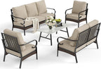 5 Piece Metal Outdoor Patio Furniture Set, Patio Conversation Sets 1 3-Seater Sofa, 2-Seater Sofa, 2 Fixed Sofa with 5.75" Thick Cushion & Coffee Table Black Backyard Furniture, Beige