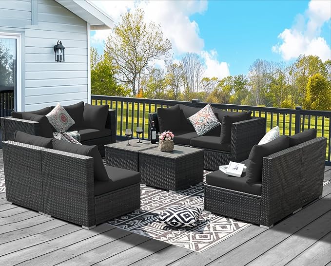 NICESOUL 10 Piece Outdoor Patio Furniture Set, Extra Large Wicker Modular Sectional with Side Tables, 29.3'' High Back Comfortable Rattan Conversations, Modern Couches Gray Color for Exteriors, Gray