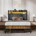 Z-hom Twin Bed Frames, Twin Bed Frame with 2-Tier Storage Upholstered Headboard, Metal Platform with USB Charging Station & LED Lights, Noise Free, No Box Spring Needed, Easy Assembly, Vintage Brown