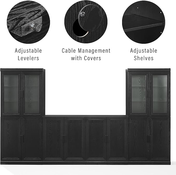 Crosley Furniture Essen 3-Piece Modern Glass Door Sideboard Buffet Cabinet and Kitchen Storage Pantry Set, Black