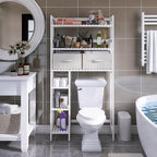 SMIBUY Over The Toilet Storage with Drawers, Large Bathroom Space Saver Organizer Rack, Freestanding Behind Toilet Stand with 6-Tier Shelf and Waterproof Feet Pad for Restroom, Laundry (White)