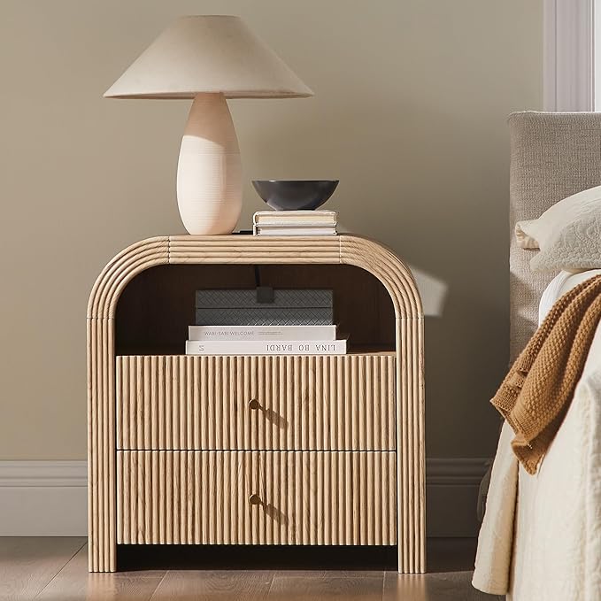 T4TREAM Fluted Nightstand with Charging Station, 24" Large 2 Drawers Bedside Table, Modern End Table with Storage Night Stand for Bedroom, Living Room, Round Curved Corner Design, Natural Oak