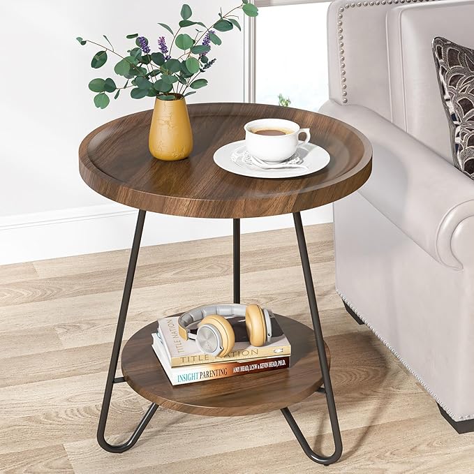 Tribesigns Round Side Table, 2-Tier End Table with Metal Legs, Modern Industrial Beside Table, Small Accent Table Snack Table for Living Room, Bedroom, Small Space, Easy Assembly, Brown