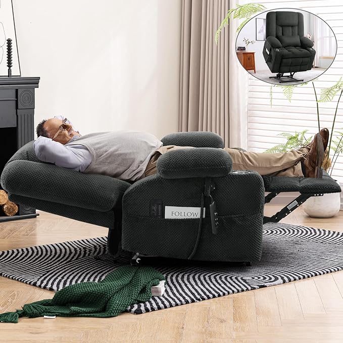 ABCASA Oversized Dual Motor Lay Flat Power Lift Recliner Chair, Massage Recliner Chairs with Heat, Lumbar Pillow, USB & Type-C Ports, Oversized Recliner for Big & Elderly People for Living Room - Grey