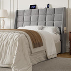 Full Size Headboard with Charging Station, Ergonomic Upholstered Linen Headboards Only, Wingback Wood Bed Head Board with Storage Pocket, Bed Frame Adapters, Light Grey