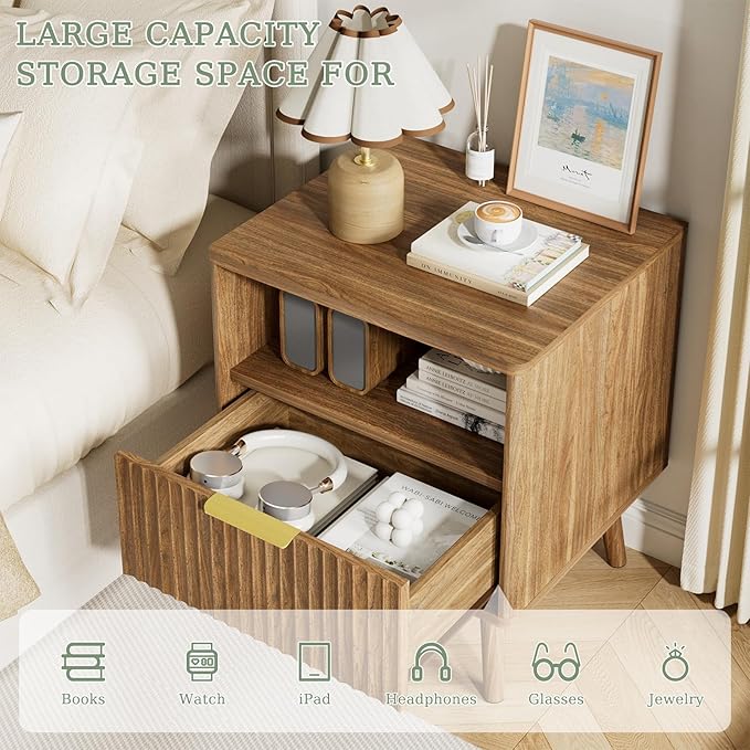 LYNSOM Fluted Dresser and Nightstand Sets 2 Piece, 1-Drawer Nightstands and 7-Drawers Dresser, Wood Bedroom Furniture Set for Home, Bedroom, Hallway, Natural Oak