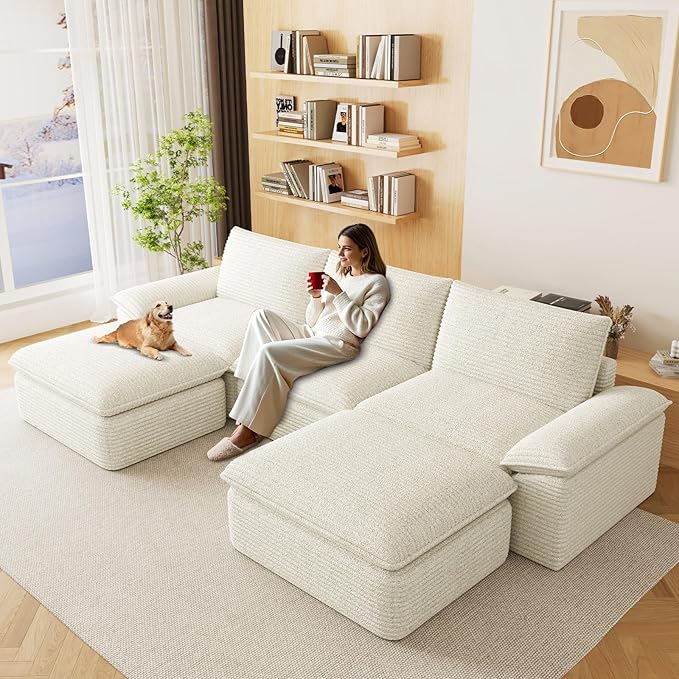 113.03" Sectional Couches for Living Room Modern Modular Sofa with U-Shape Couchs Upholstered Corduroy Boneless Couch Deep Seat Cloud Couch with Ottoman, No Assembly Required, White